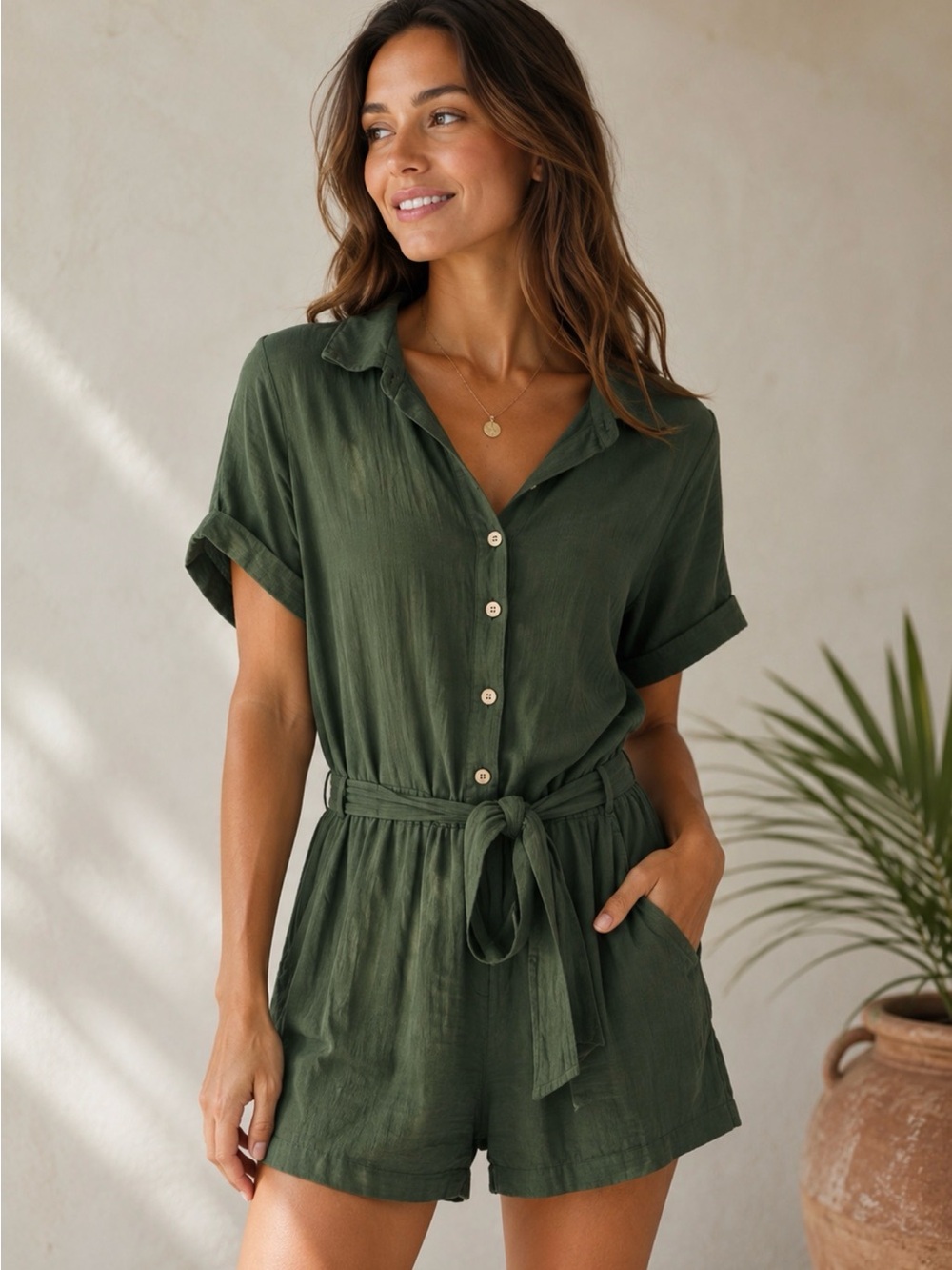 La Vie En Rose Olive Green Short Sleeve Button Romper